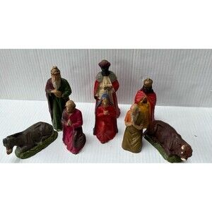 Set of 8 Vintage Chalkware Composite Christmas Nativity Germany Mid Century